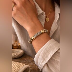 Vintage Two Tone Cable Link Bracelet | Gold & Silver Tone Textured Bracelet | 8”